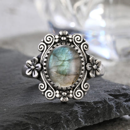 925 Silber Blume 8 * 10 mm Mondstein Ring Vintage Stil Damen Party Schmuck Geschenk für Frauen