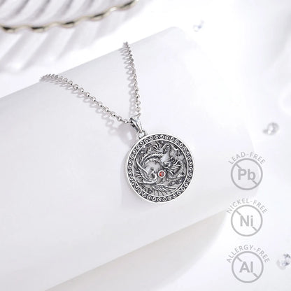 Eudora Halskette aus 925er-Sterlingsilber, Phoenix-Drachen-Halskette für Damen und Herren, Vintage-Stil, roter Zirkon, Sonnenamulett-Anhänger, Persönlichkeitsschmuck, Geschenk