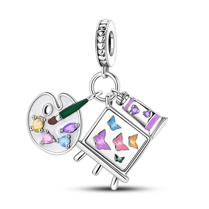 Malerei Kunst 925 Sterling Silber Verträumter Sternenhimmel Künstler Zeichenbrett Pinsel Schnur Fit DIY Armband Halskette Galerie Geschenke