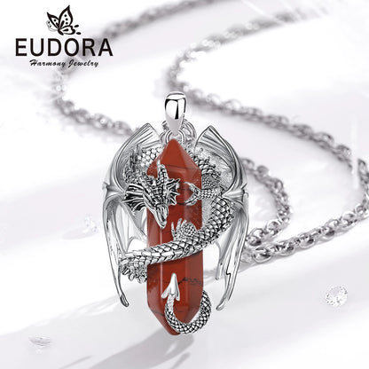 Eudora-Drache umwickelter roter Jaspis, sechseckiger Anhänger, Heilstein, Kristall-Amulett-Halskette, spiritueller Schmuck, Geschenk für Frauen und Männer