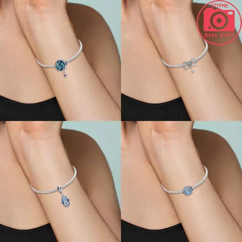NEUE Silber 925 Elefant Evil Eye Hand Kreuz Herz Blau Zirkon Perlen Charms Fit Original Armband für Frauen Diy Edlen Schmuck geschenk