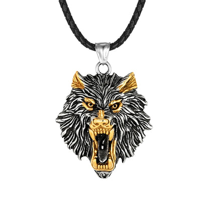 Punk Vikings Wolf Head Necklaces Stainless Steel Vintage Nordic Odin's Wolf Pendant Amulet Men Charm Genuine Leather Rope Jewelry