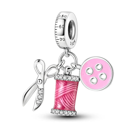 Original 925 Sterling Silber Nähmaschine Schere Charms Perle eingelegt rosa Zirkonium Anhänger passen Armband Schmuck Liebhaber Geschenk