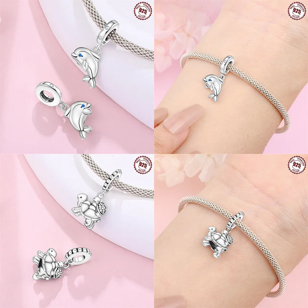 Charm-Anhänger aus 925er Silber, Ozean-Serie, Meerjungfrau, Schildkröte, Delfin, Ruder, Perlen, Anhänger, passend für Armbänder, Zubehör, Perlenschmuck, schönes Geschenk