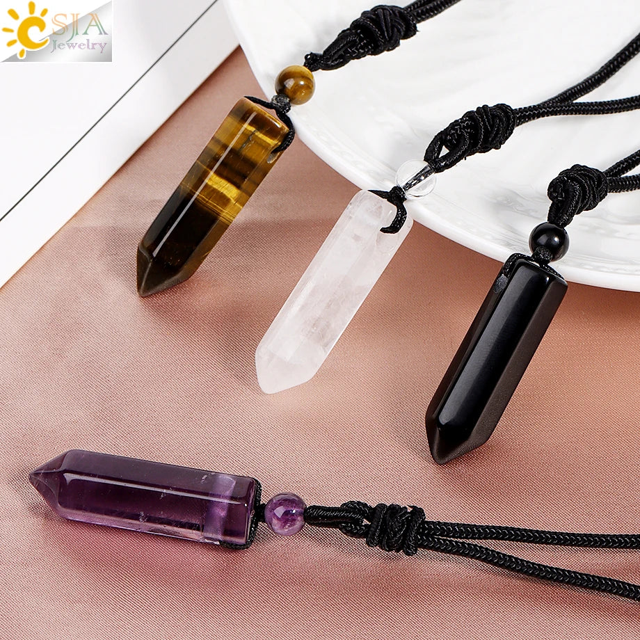 CSJA Sechseckige Naturstein-Anhänger-Kristall-Halskette für Damen und Herren, Amethyst, Tigerauge, schwarzer Obsidian, verstellbare Seilkette H477