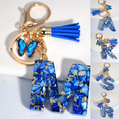 Modischer blauer glasierter Stein, A bis Z, Buchstaben-Schlüsselanhänger, 26 Initialen, Alphabet, Schmetterling, Quaste, Anhänger, Auto-Schlüsselanhänger, Damenschmuck, Geschenke