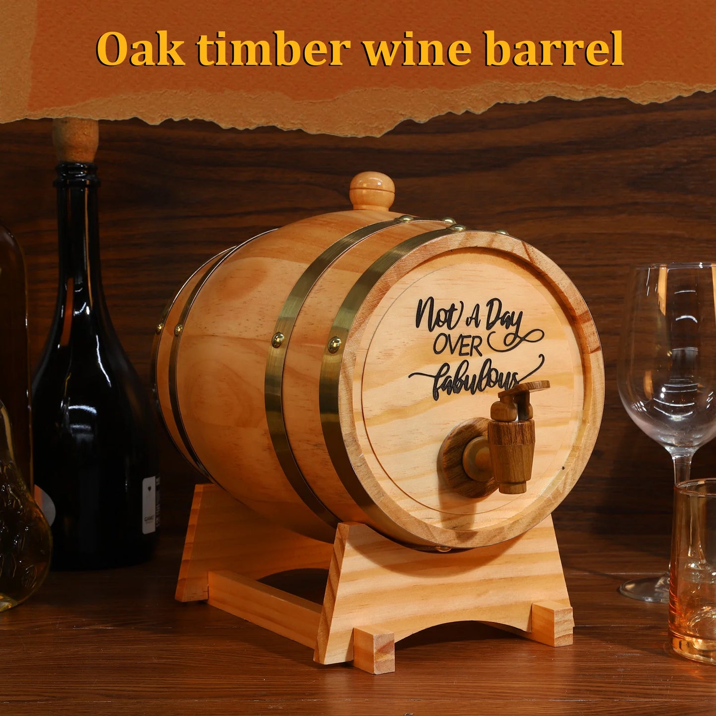 3L Holz-Whiskeyfass mit Ständer, Verschluss und Zapfhahn – Weinfass/Whiskeyfass-Spender für Whiskey, Bourbon, Cocktails, Rum