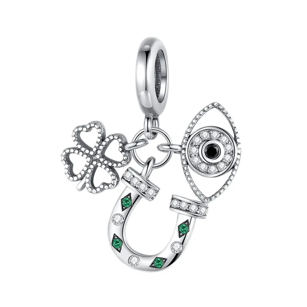 Glücksbringer aus 925er-Sterlingsilber mit vierblättrigem Kleeblatt, Hufeisenkrabbe, Marienkäfer-Zahlen-Charm, passend für DIY-Armbänder, Halsketten, Gesundheit, Glücksgeschenke