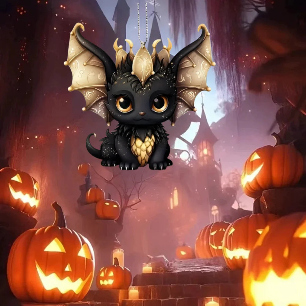 2D Black Dragon Halloween Schlüsselanhänger Cartoon Loong Acryl Anhänger Vielseitiger Charme, Dekor für Auto, Rucksack, Telefon, Zuhause, Festlich, Geschenk