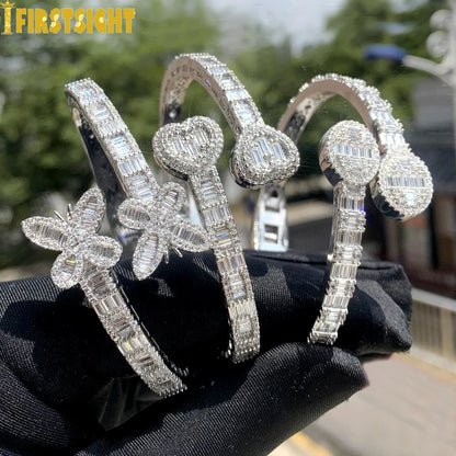 Neue Iced Out Bling Schmetterling Herz Armband Silber Farbe CZ Zirkon Oval Charme Geöffnet Armreif Für Männer Frauen Hiphop Luxus schmuck