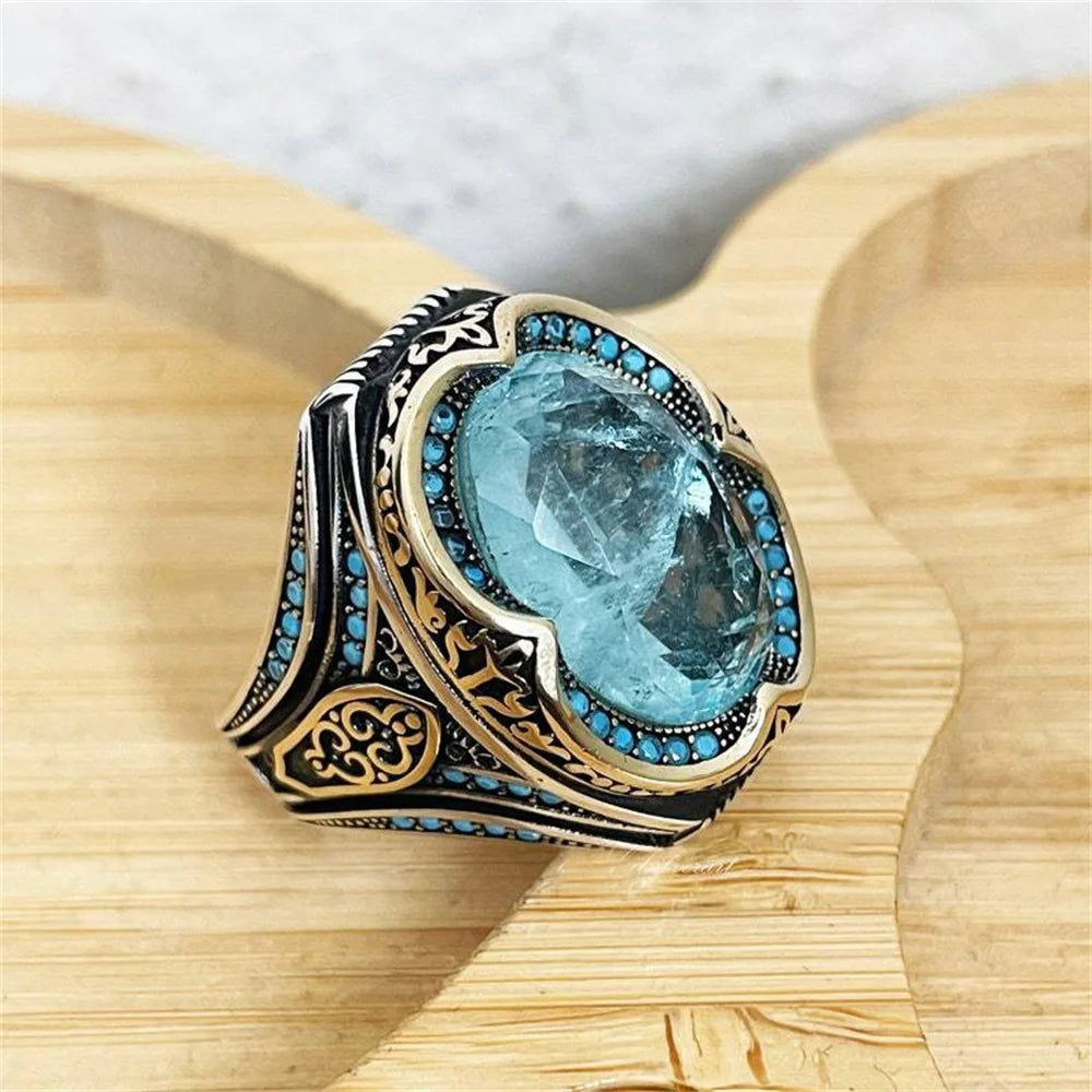 Vintage Herren handgemachte türkische blaue Zirkon Stein Ring alte Silber Farbe Muster Ring trendige islamische religiöse muslimische Schmuck