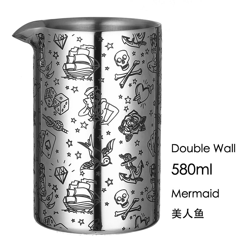 Cocktail-Mischglas, geätztes W-Geist-Muster, doppelwandiger Edelstahl-Krug, Design, Barkeeper-Brille, Barware Essentials