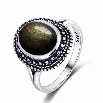 Vintage S925 Sterling Silber Ring Oval Runde Natürliche Obsidian Ring Sonne Und Blume Geformt Retro Edlen Schmuck Für Frauen Männer
