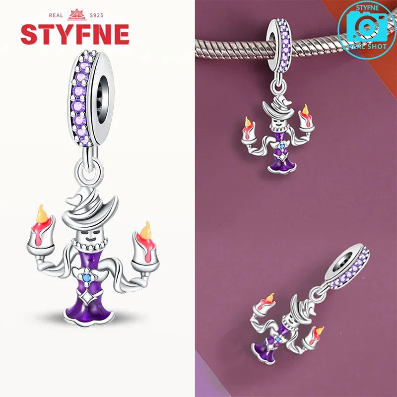 Silber 925 lila fliegender Hexenhut und Zauberbuch-Charms, Perlen, passend für Original-Armbänder, DIY-Halloween-Charm für Frauen, Schmuck, Geschenke