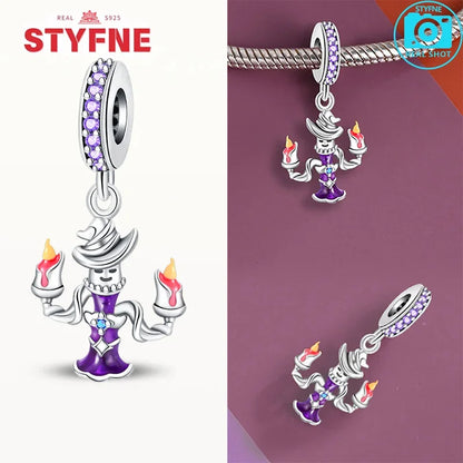 Silber 925 lila fliegender Hexenhut und Zauberbuch-Charms, Perlen, passend für Original-Armbänder, DIY-Halloween-Charm für Frauen, Schmuck, Geschenke