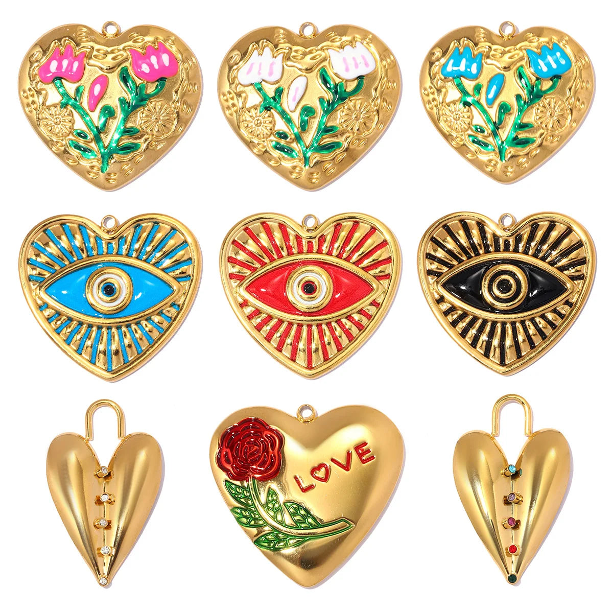 3 Stück/Set Modische Edelstahl Rosen-Blumen DIY Ohrring-Anhänger Herzförmige Halsketten-Anhänger Damen Böser-Blick-Schmuck Großhandel