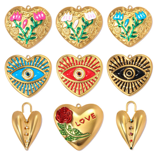 3 Stück/Set Modische Edelstahl Rosen-Blumen DIY Ohrring-Anhänger Herzförmige Halsketten-Anhänger Damen Böser-Blick-Schmuck Großhandel