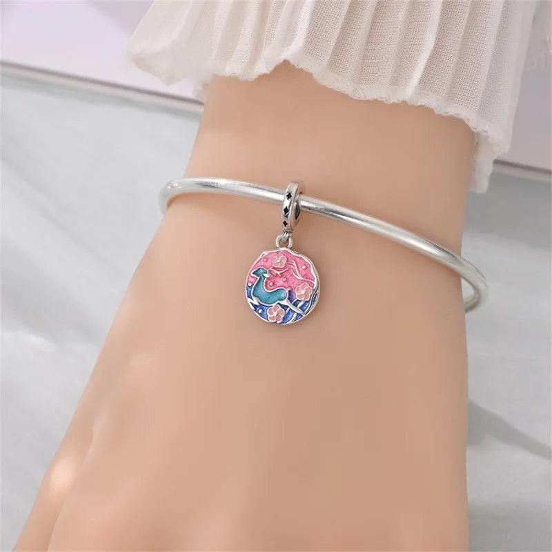 Bunte 925er-Sterlingsilber-Anhänger mit Sternenhimmel-Ölgemälde und leuchtenden Engeln, passend für Armbänder, schöne Schmuckgeschenke