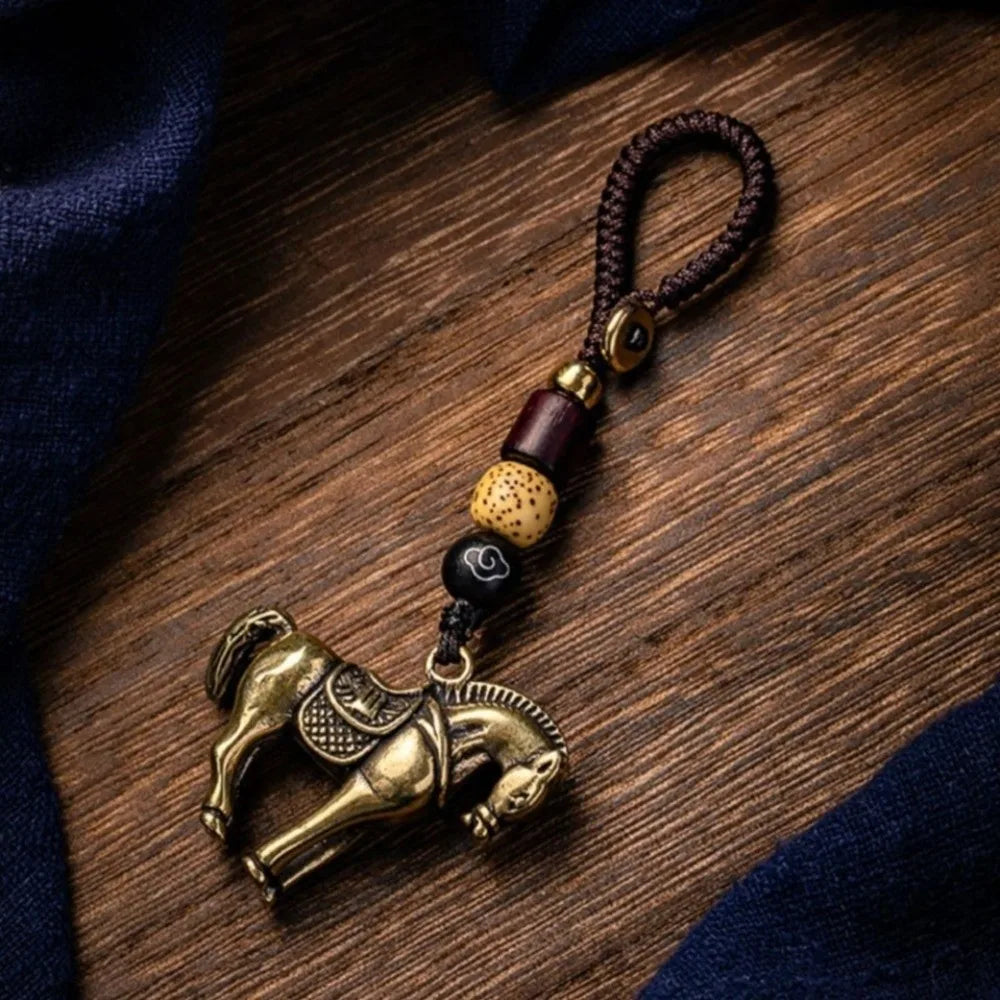 Kupfer Pferd Glück Tasche Anhänger Reichtum Feng Shui Chinesische Sternzeichen Schlüssel Ring Tasche Charme Handgemachte Seil Weben Schlüssel Ketten Schmuck Geschenk