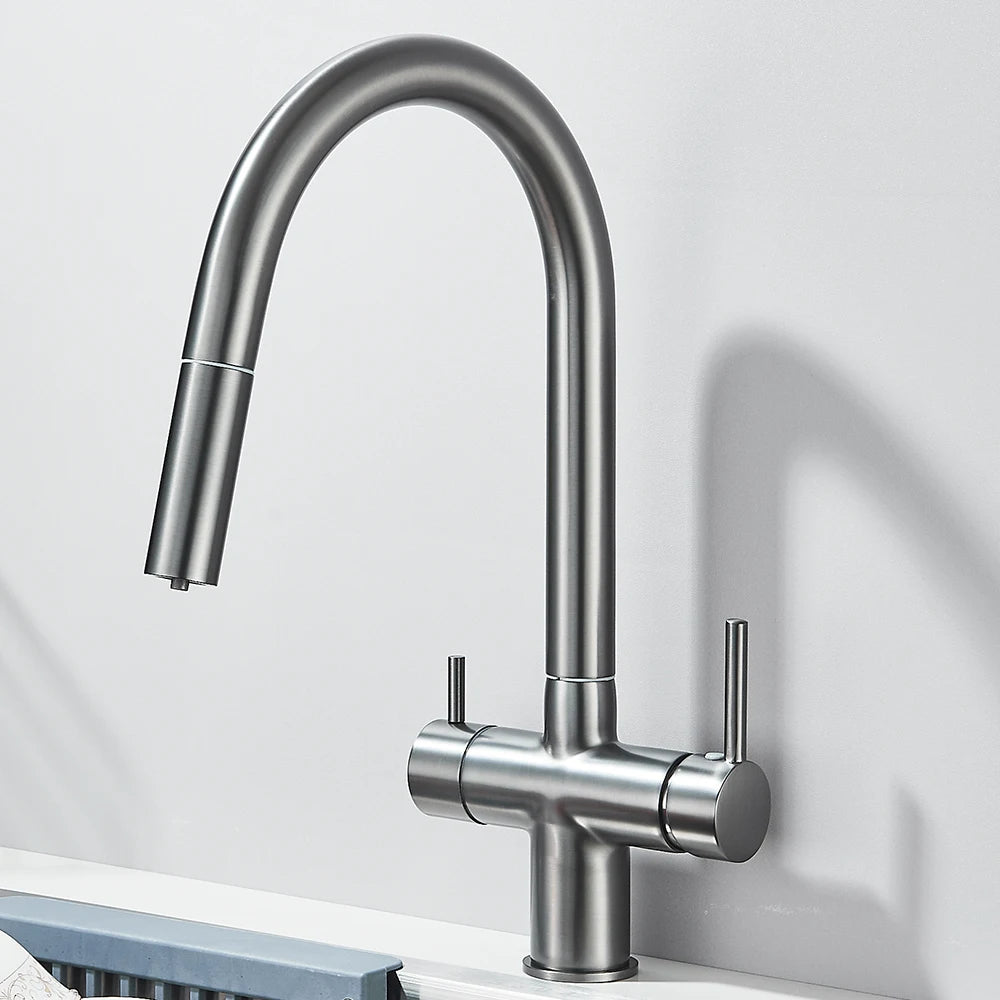 Gefilterter Küchenspüle-Wasserhahn mit einziehbarem Sprühgerät, Messing-Wasserfilterhahn, Trinkwasserhahn, Waschbeckenmischer für die Küche