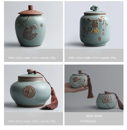 Hand-carved lotus celadon ash pet urn, dog and cat cremation urns, ceramic urns, sealed jar, funeral memorial art, large size