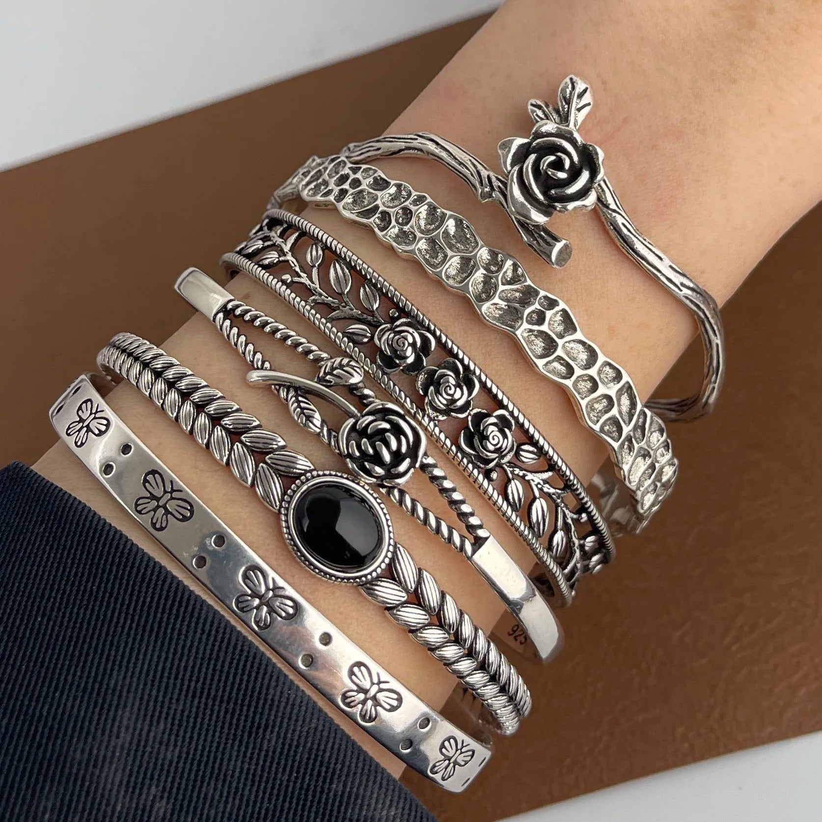 100 % massives 925er Sterlingsilber-Metallarmband für Damen, Vintage, handgefertigt, schlichtes Retro-Blumenkettenarmband, Geburtstagsgeschenk, Party