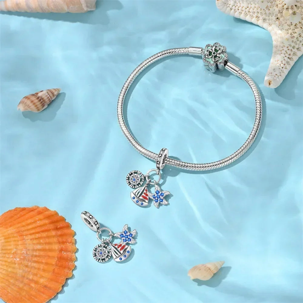 Charms-Anhänger aus 925er-Sterlingsilber mit blauen Ozean-Serie, passend für das DIY-Armband der Marke, Damenschmuck, Geschenke für Freundin