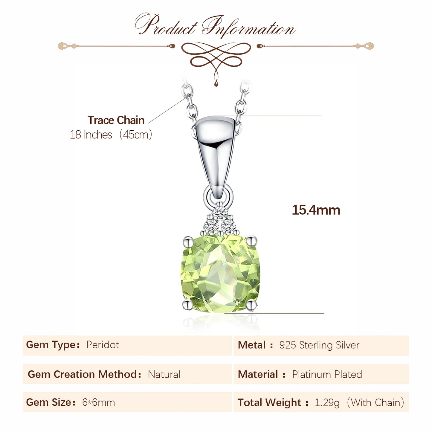 Potiy 1 Karat Kissen, natürlich geschliffene echte Peridot-Anhänger-Halskette mit 45,7 cm langer Spurkette aus 925er Sterlingsilber