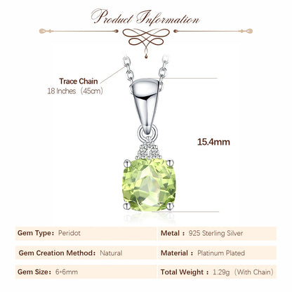 Potiy 1 Karat Kissen, natürlich geschliffene echte Peridot-Anhänger-Halskette mit 45,7 cm langer Spurkette aus 925er Sterlingsilber