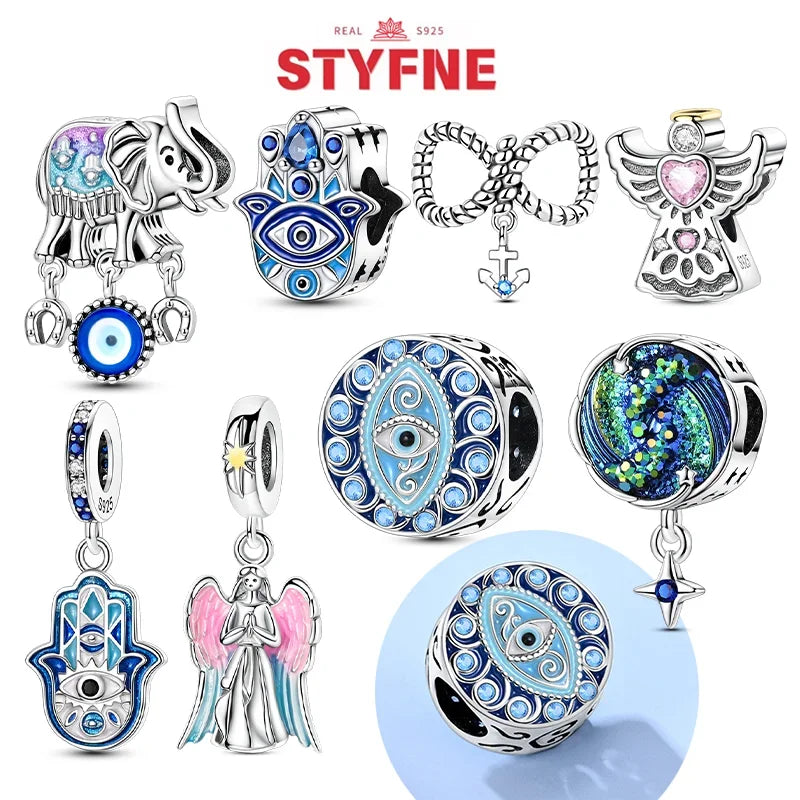 NEUE Silber 925 Elefant Evil Eye Hand Kreuz Herz Blau Zirkon Perlen Charms Fit Original Armband für Frauen Diy Edlen Schmuck geschenk