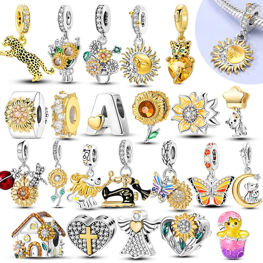 Neu im 925er-Sterlingsilber, goldene Sonnenblume, glückliche Sterne, passend für Original-Armbänder, Halsketten, Sonne, Mond, Diamant-Charm, Schmuck zum Selbermachen