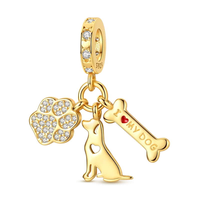 Original 925 Sterling Silber Goldene Haustiere Charms Perle Bunte Zirkonium Klee Engel Herz Baumeln Fit Armband DIY Schmuck Geschenk