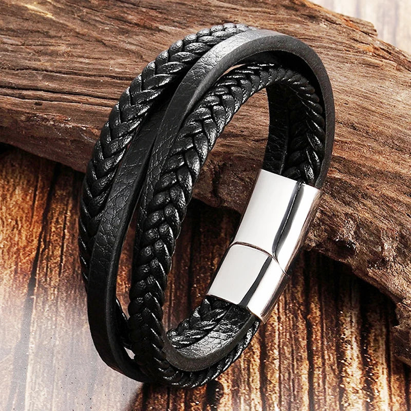 Geflochtenes Seil gewebtes schwarzes Leder Herrenarmbänder Punk-Stil Edelstahl-Armreif für Freund Charm Modeschmuck Geschenke