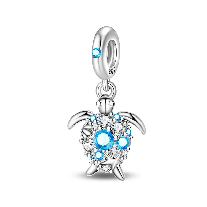 Ocean Series 925er Sterlingsilber, Wal, Schildkröte, kleiner Fisch, Qualle, Delfin, blauer Charm, passend für DIY-Armband, Halskette, Party-Schmuck