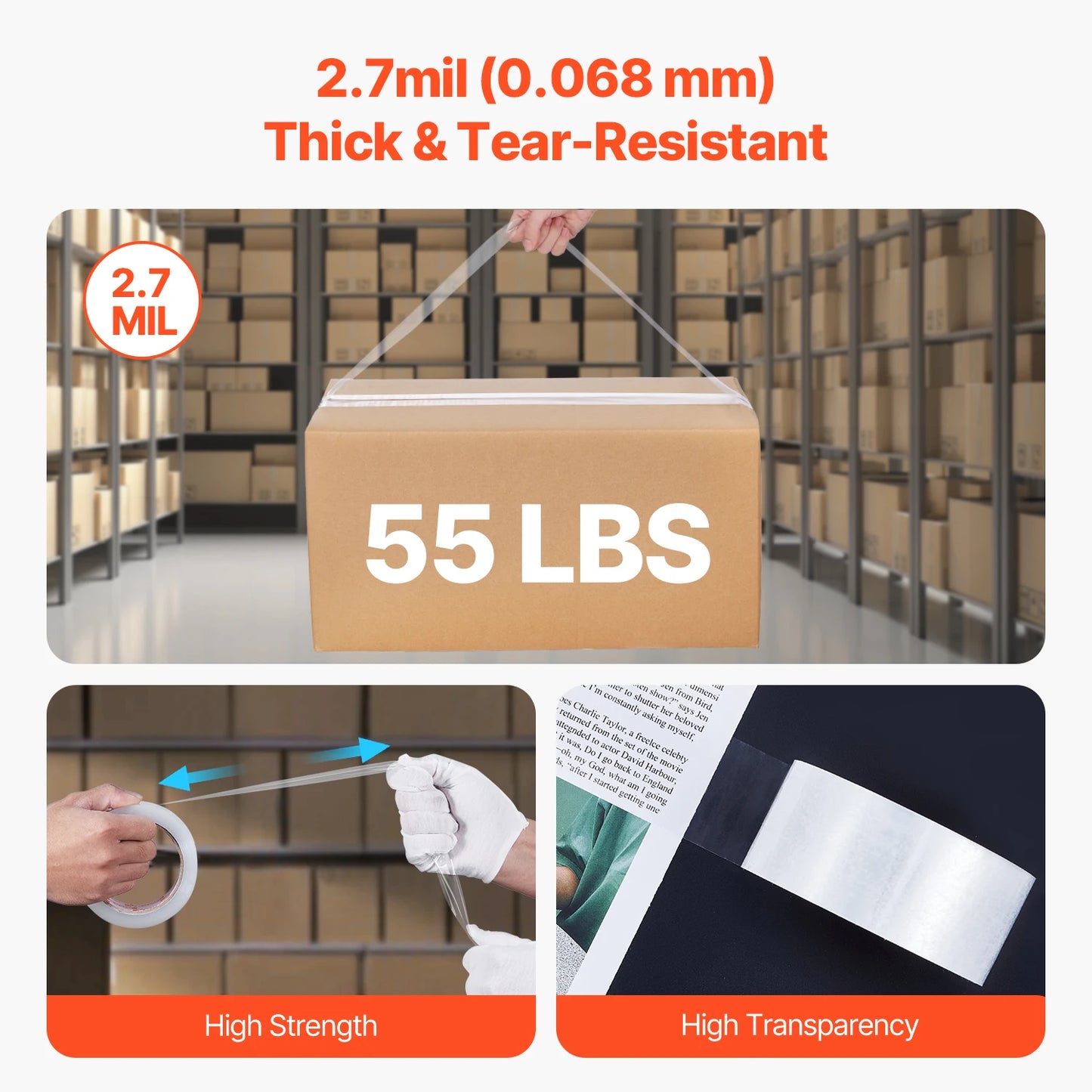 VEVOR Transparentes Packband, 76,2 mm Kern, 6er-Set 47,8 mm x 59,436 m Paketklebeband mit Spender, 0,068 mm Hochleistungs-Klebeband Ideal für Umzüge, Lagerung und Verpackung, Versand und Postversand