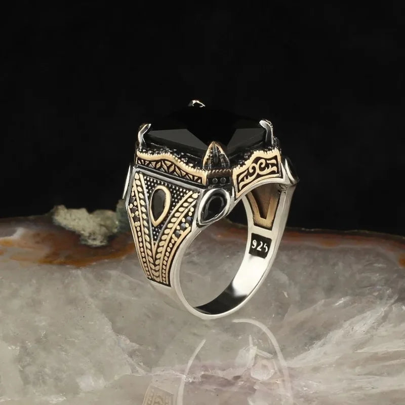 Retro handgemachte türkische Siegelringe für Männer alte silberne Farbe geschnitzten Ring mystischen Zirkon Inlay neuen Punk Motor Biker Ring