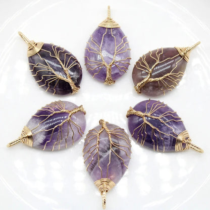Naturstein-Kristall-Anhänger, Baum des Lebens, Amethyste, Rosen, Quarz, Kupferdraht, Draht umwickelt, trendige Schmuckherstellung, Großhandel, 6 Stück