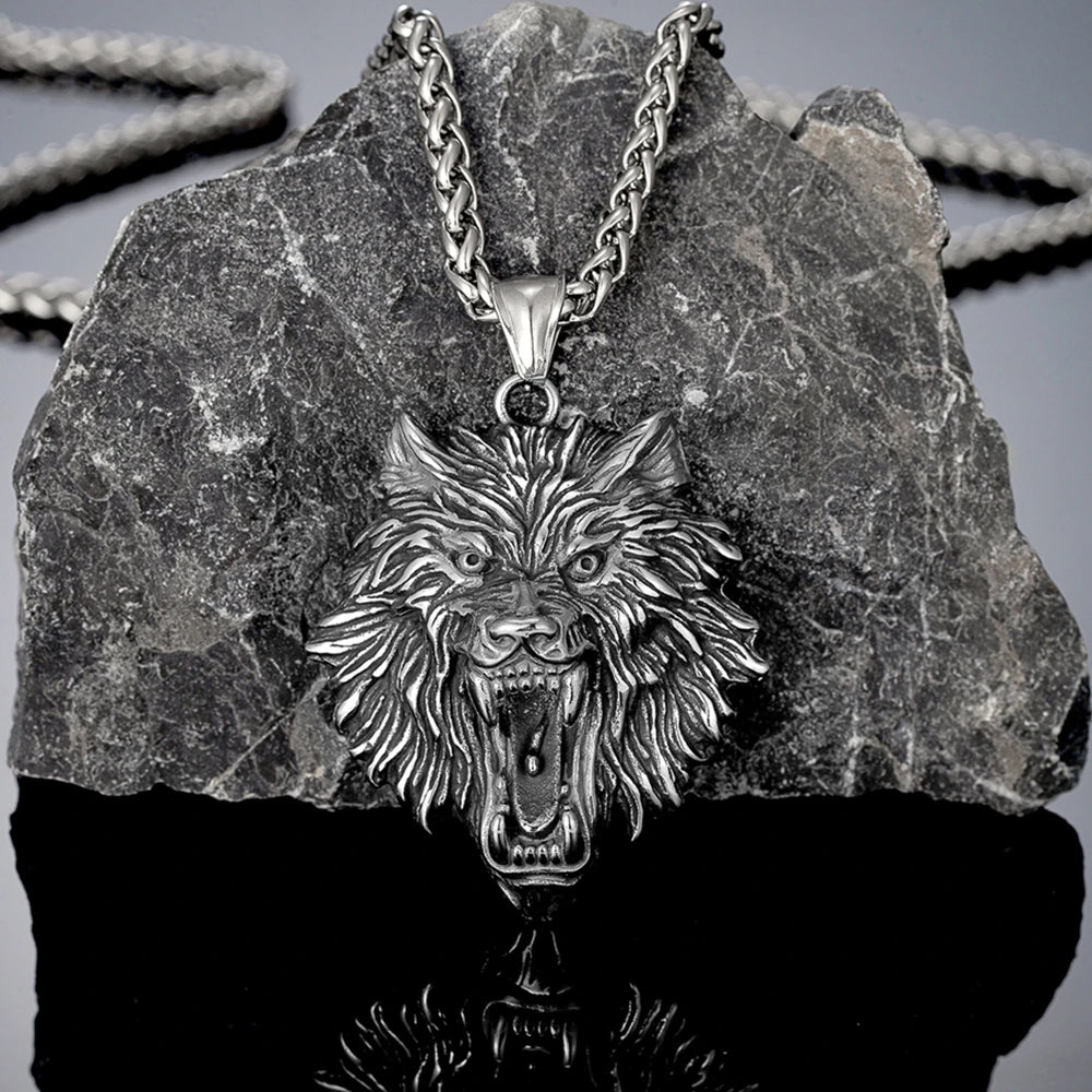 Punk Vikings Wolf Head Necklaces Stainless Steel Vintage Nordic Odin's Wolf Pendant Amulet Men Charm Genuine Leather Rope Jewelry
