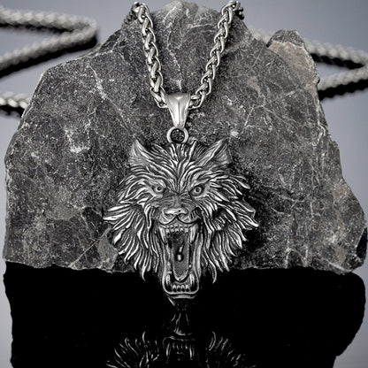 Punk Vikings Wolf Head Necklaces Stainless Steel Vintage Nordic Odin's Wolf Pendant Amulet Men Charm Genuine Leather Rope Jewelry