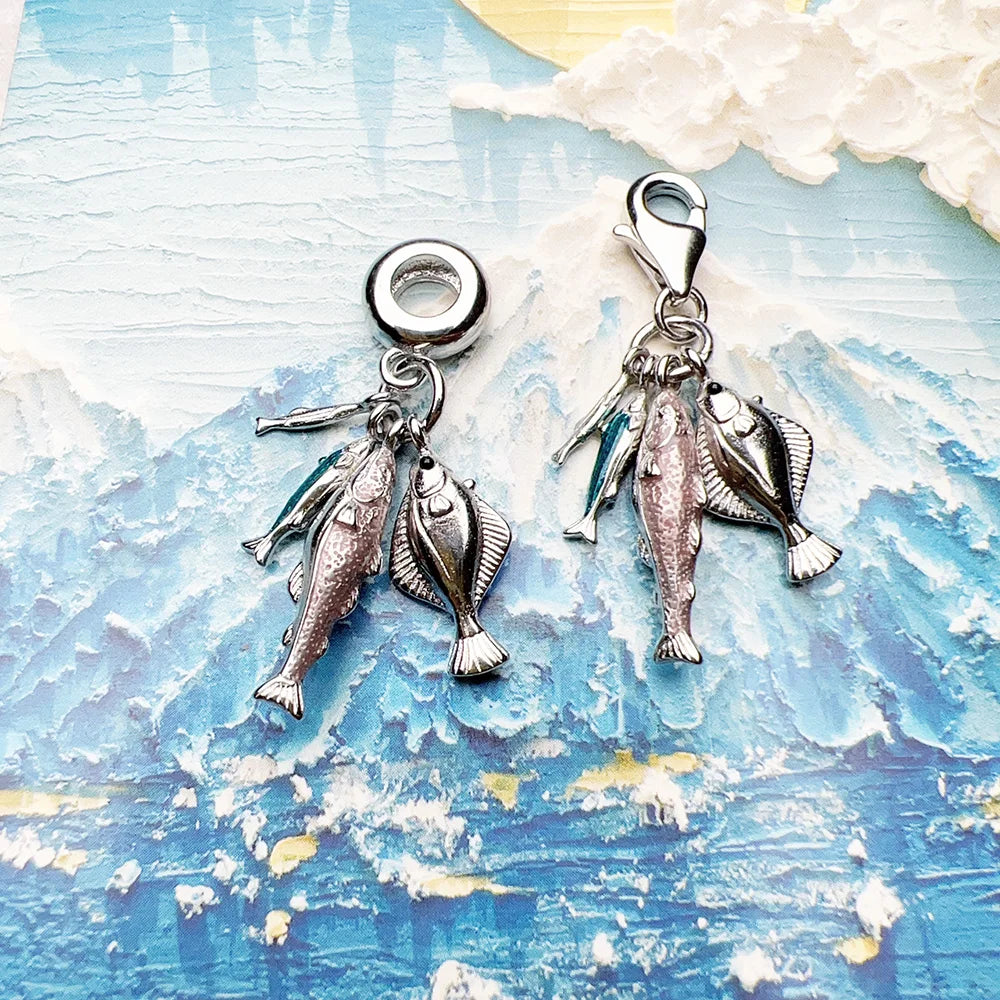Charm-Anhänger mit Fischen, Frühling, für Herren und Damen, trendig, 925er Sterlingsilber, Schmuck, Accessoires, Glücksgeschenk