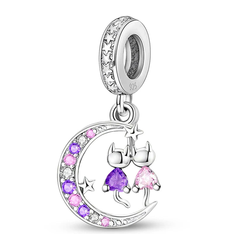 Charms aus 925er-Sterlingsilber mit Tierhantel, niedlicher rosa Hund, Perlen, passend für DIY-Armbänder, Armreifen, Geschenk von hochwertigem Schmuck