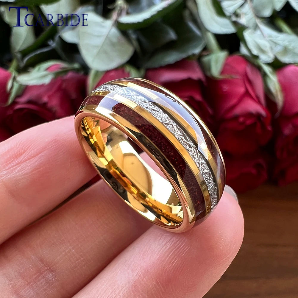 Dropshipping 8MM Männer Frauen Schöne Hochzeit Band Wolfram Rot Opal Ring mit Helle Meteorit Inlay Gewölbt Poliert Komfort Fit