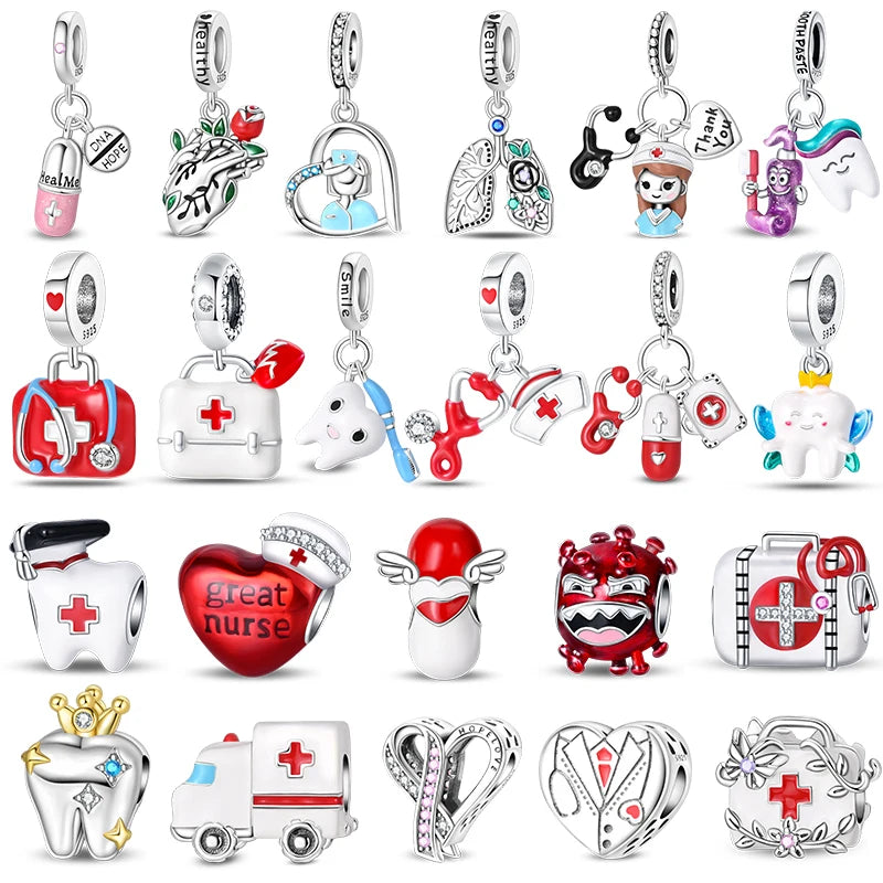 Original 925 Sterling Silber Charm Perlen Medizinische Serie Arzt Krankenschwester Pflege Für Zähne Anhänger Für Armband Edlen DIY Schmuck