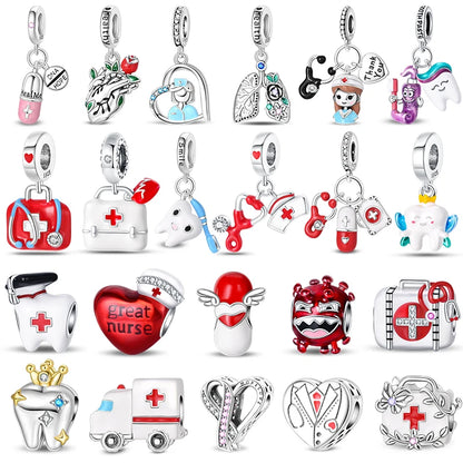 Original 925 Sterling Silber Charm Perlen Medizinische Serie Arzt Krankenschwester Pflege Für Zähne Anhänger Für Armband Edlen DIY Schmuck