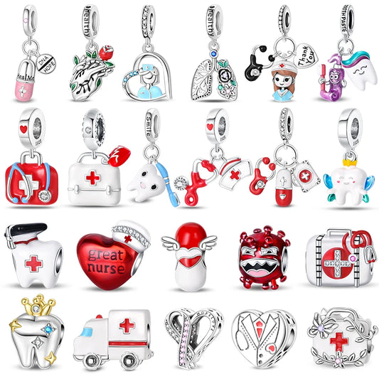 Original 925 Sterling Silber Charm Perlen Medizinische Serie Arzt Krankenschwester Pflege Für Zähne Anhänger Für Armband Edlen DIY Schmuck