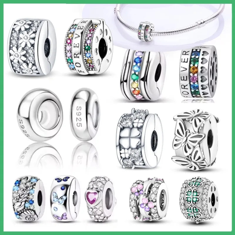 Kleeblatt-Schneeflockenfarbene Sicherheitsschnalle aus 925er Sterlingsilber für modische Damen-Charm-Perlen, geeignet für DIY-Armbänder