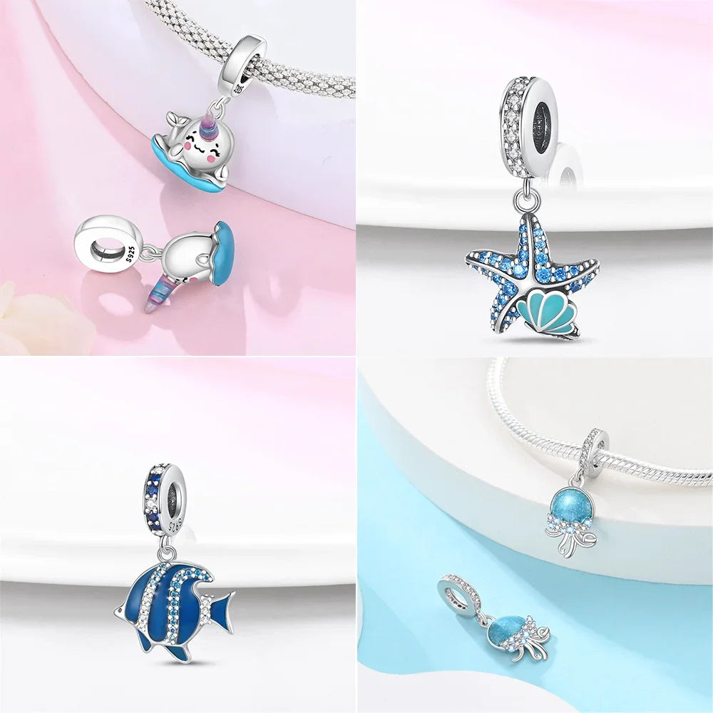 925 Silber Schildkröte Delphin Fischschwanz Muschel Seepferdchen Oktopus Leuchtende Charms Perlen passen Original Armbänder DIY Schmuck Geschenk