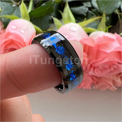 iTungsten 8 mm schwarze/silberne Wolfram-Eheringe für Männer und Frauen mit blauen Folien, abgeschrägte Kanten, polnisch, glänzend, bequeme Passform