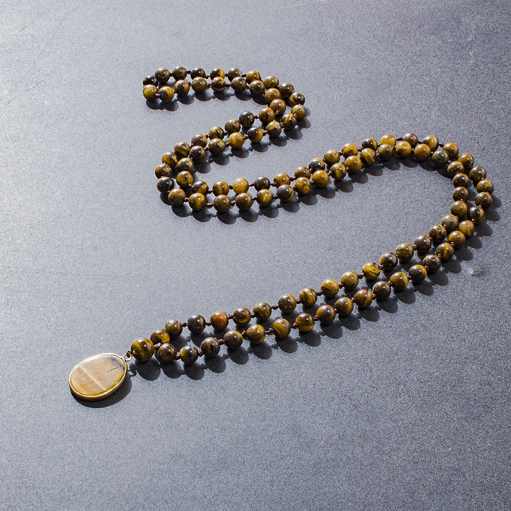 8 mm gelber Tigerauge-Perlenknoten, 108 Mala-Halskette, Meditation, Yoga, Gebetsschmuck mit Tigerauge-Anhänger für Männer und Frauen