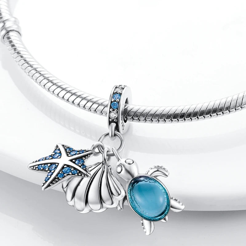 Neue Sommer 925 Sterling Silber Charms Perlen Anhänger Ozean Schildkröte Strand Obst Shell Blau Charme DIY Frauen Armband Schmuck Geschenk